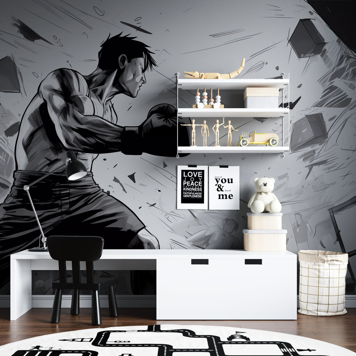Dynamic boxing anime wall mural in martial arts studio environment