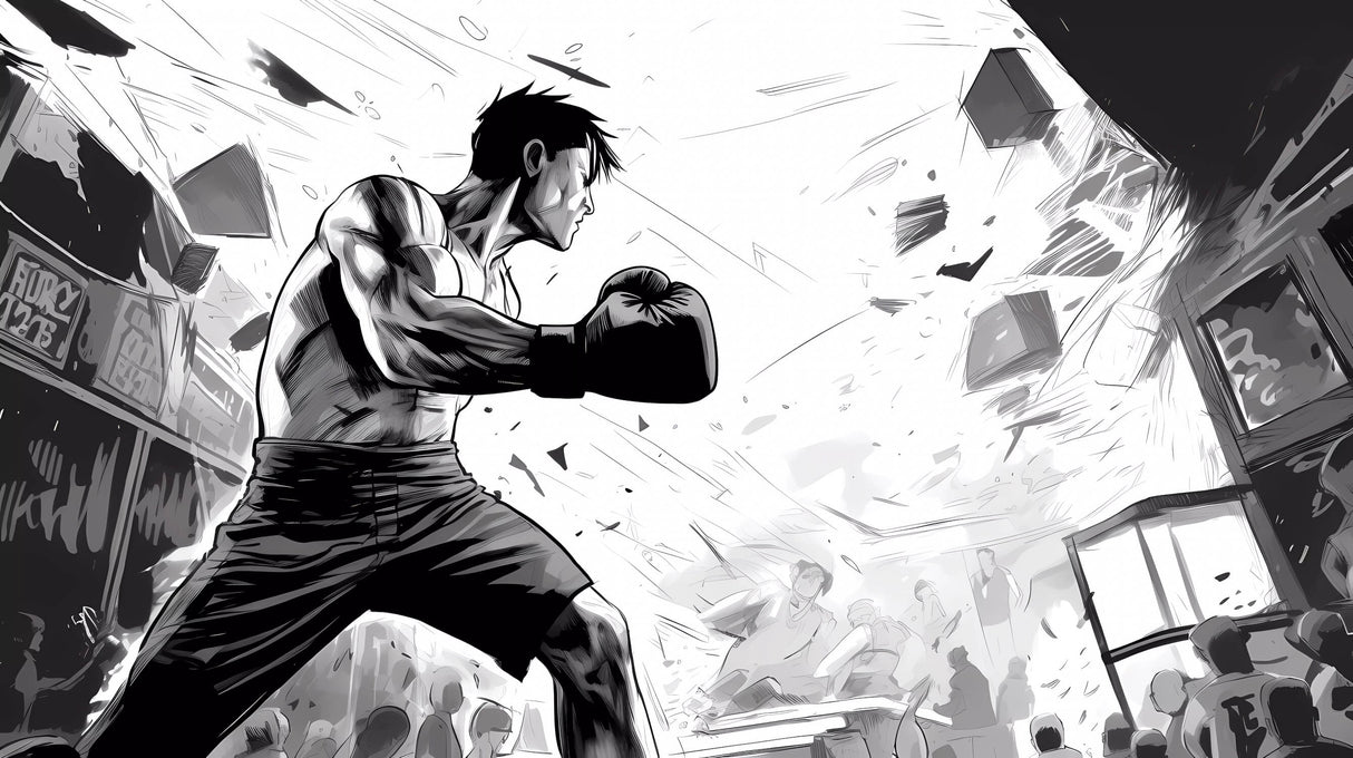 Design file of black and white anime boxing mural showing detailed artwork and pattern