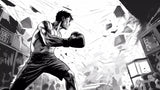 Design file of black and white anime boxing mural showing detailed artwork and pattern