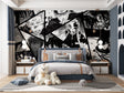 Manga wallpaper mural creating dramatic impact in modern teen bedroom with gaming setup