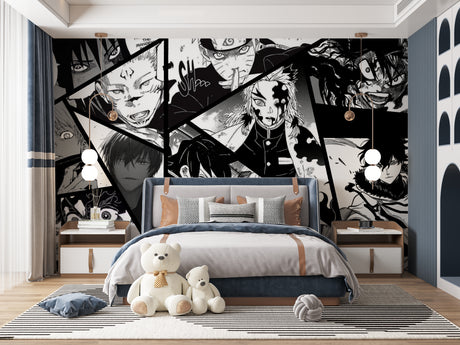 Manga wallpaper mural creating dramatic impact in modern teen bedroom with gaming setup