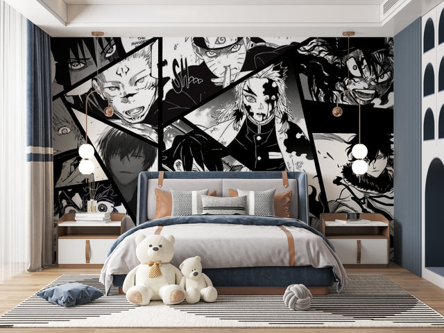 Manga wallpaper mural creating dramatic impact in modern teen bedroom with gaming setup