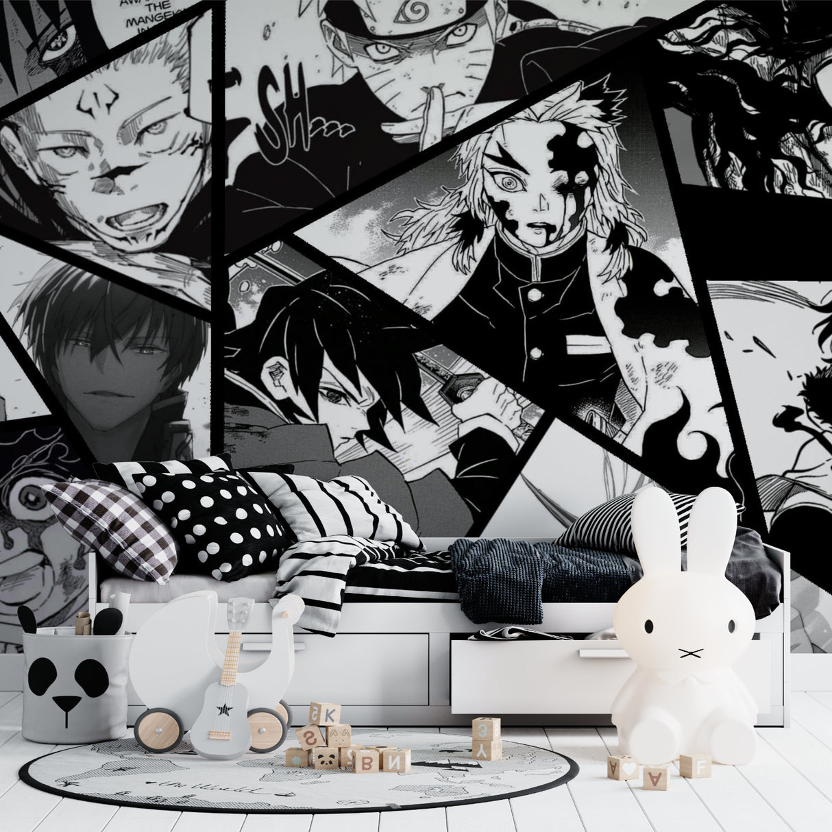 Black and white anime wall mural installed in stylish gaming room with LED lighting