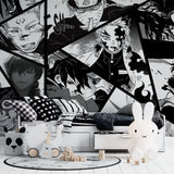 Black and white anime wall mural installed in stylish gaming room with LED lighting