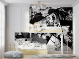 Anime wallpaper creating bold statement in contemporary living room setting