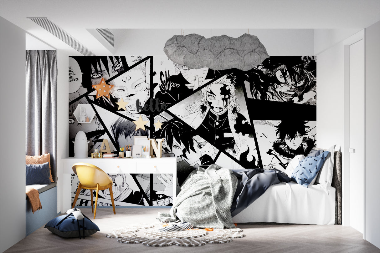 Japanese manga mural adding depth to urban-style entertainment room