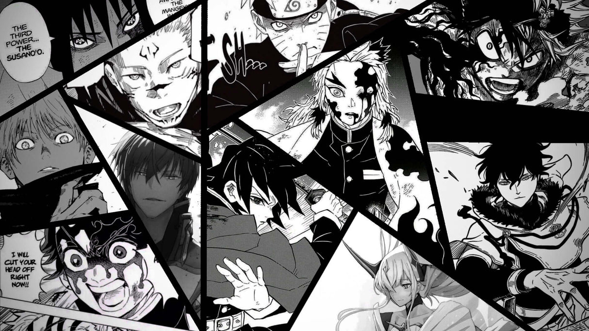 Design file showing detailed black and white manga comic pattern with dynamic panel layout