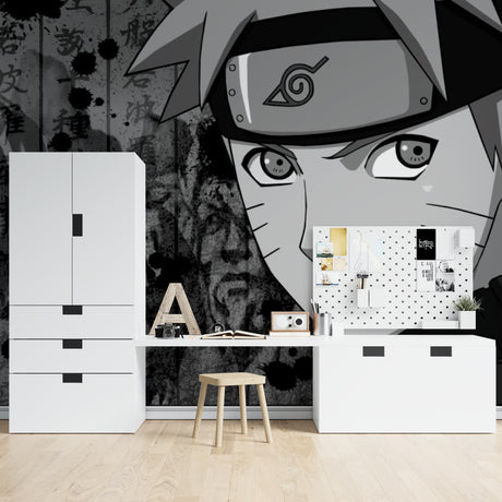 Black and white manga wallpaper in modern teen bedroom showing dramatic anime character art