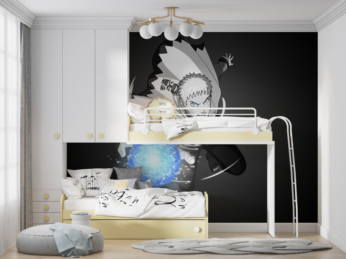 Black and white manga hero wallpaper in modern gaming room creating dramatic focal point