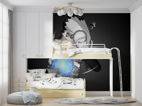 Black and white manga hero wallpaper in modern gaming room creating dramatic focal point