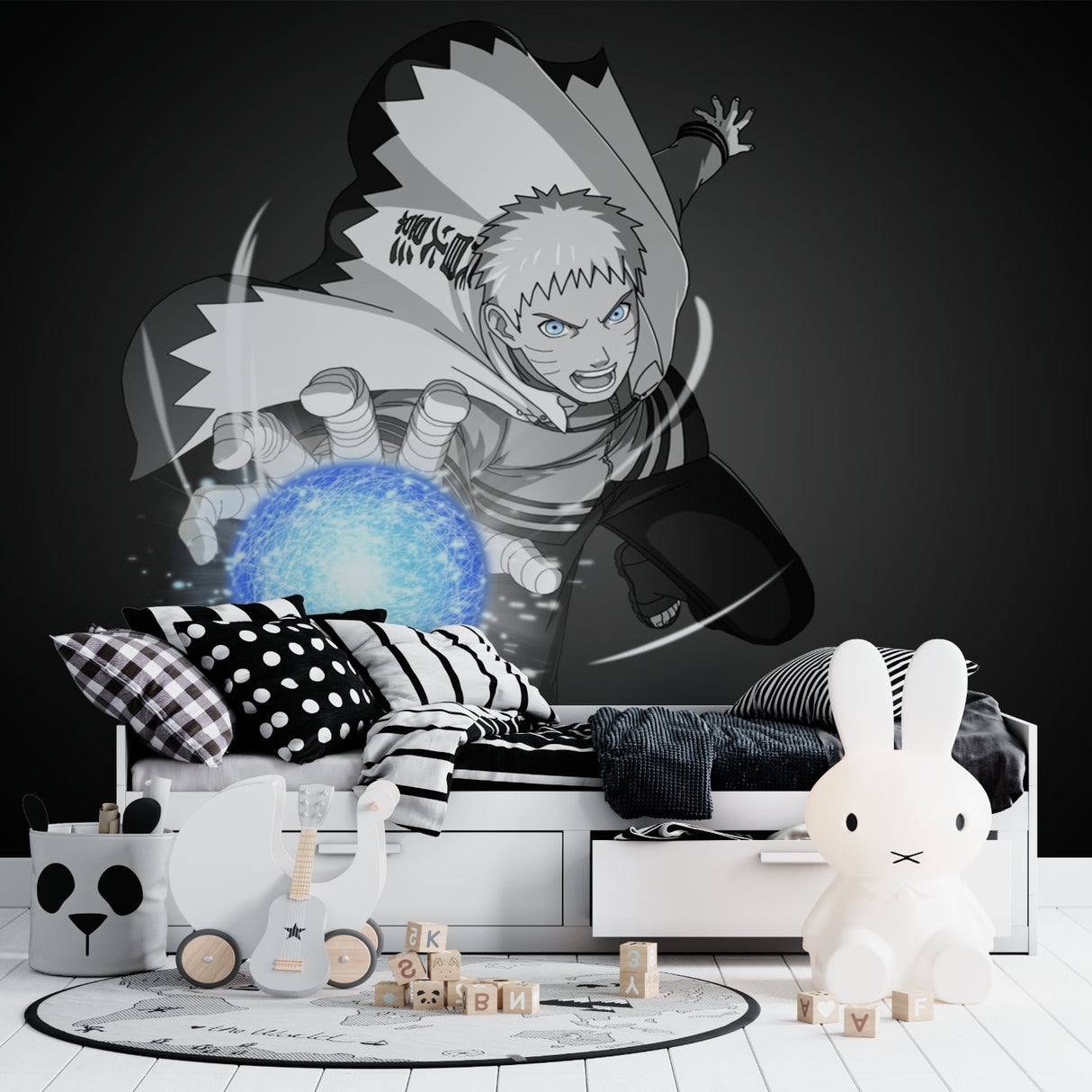 Anime wall mural bringing character to contemporary teen bedroom with monochrome style