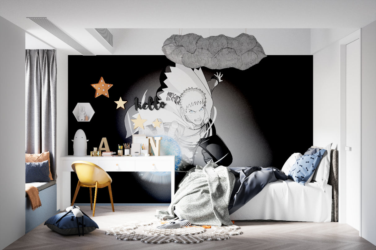 Manga wallpaper design showcased in minimalist living room with dramatic lighting