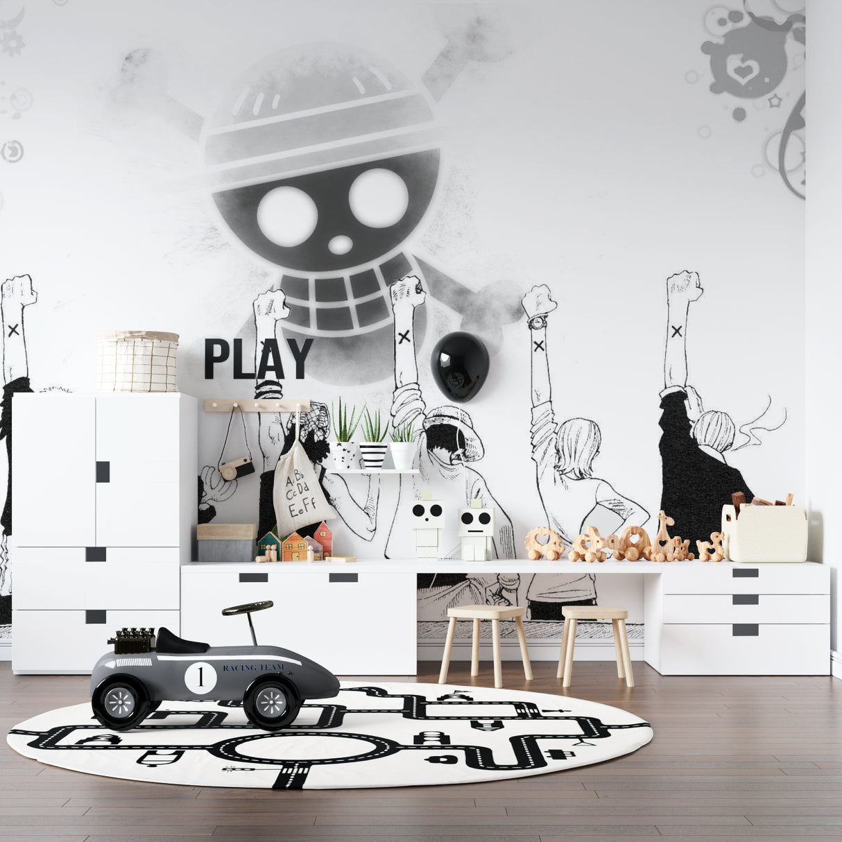 Black and white anime wallpaper in modern teen bedroom showing dynamic manga characters