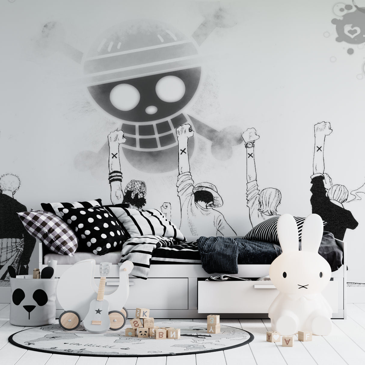 Black and white manga mural making statement in living room