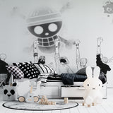 Black and white manga mural making statement in living room