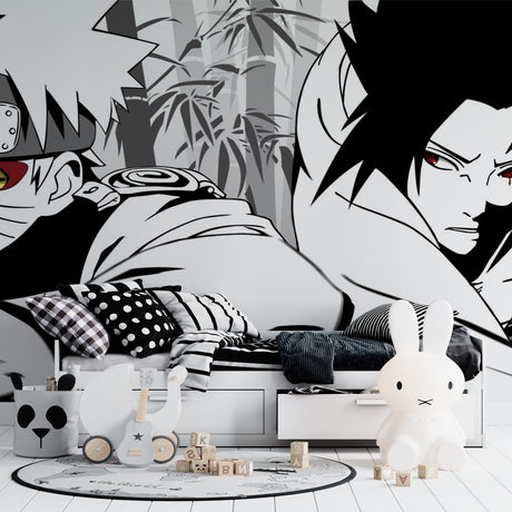 Black and white anime battle wallpaper in modern teen bedroom showing dynamic ninja characters
