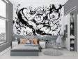 Black and white anime street art mural wallpaper creating dramatic impact in modern living room