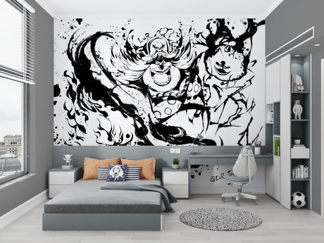 Black and white anime street art mural wallpaper creating dramatic impact in modern living room