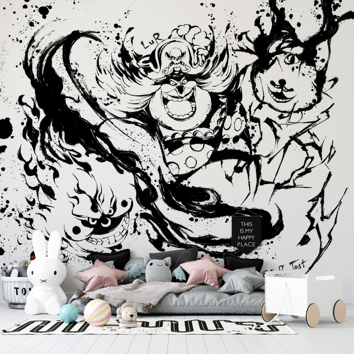Street art anime mural creating bold statement in studio apartment
