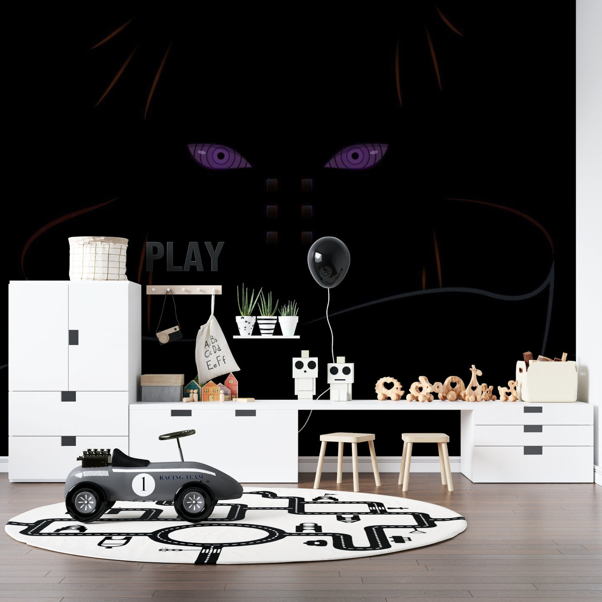Anime wallpaper with purple eyes creating a cool gaming room atmosphere with LED accent lighting