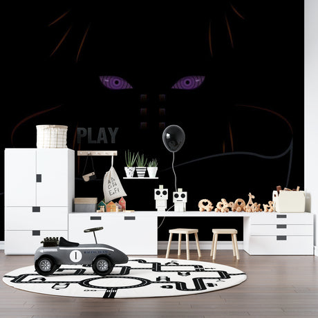 Anime wallpaper with purple eyes creating a cool gaming room atmosphere with LED accent lighting