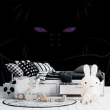 Black anime wall mural featuring purple eyes in a modern teen bedroom setup
