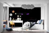 Anime eye design mural bringing character to a minimalist bedroom wall