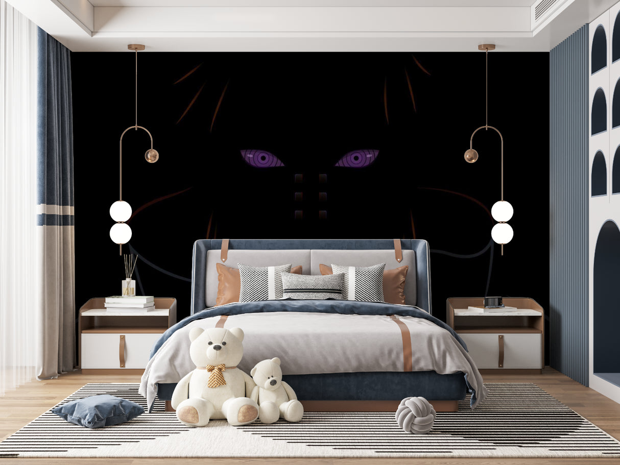 Purple anime eyes wallpaper creating depth in a cozy reading nook