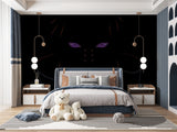 Purple anime eyes wallpaper creating depth in a cozy reading nook
