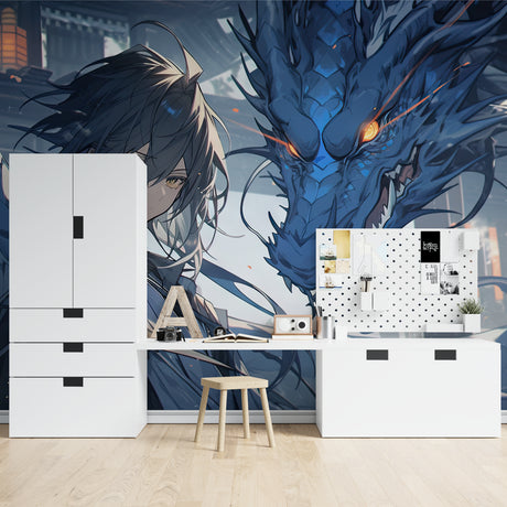 Blue Dragon Anime Wallpaper creating magic in a modern gaming room with LED lighting