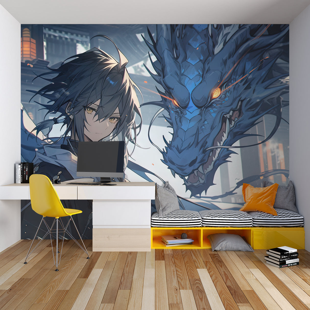 Japanese Anime Dragon Mural transforming a teen bedroom with dramatic effect
