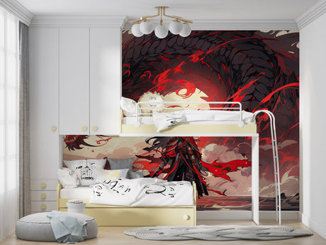 Anime Dragon Wallpaper creating a bold statement in modern gaming room with red and black theme
