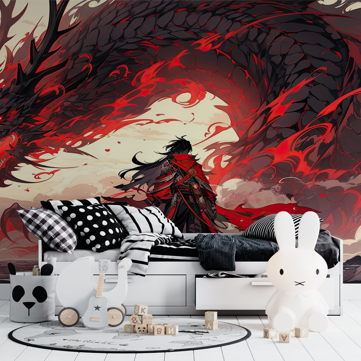 Dark Dragon Wallpaper showcased in teen bedroom with dramatic lighting effects