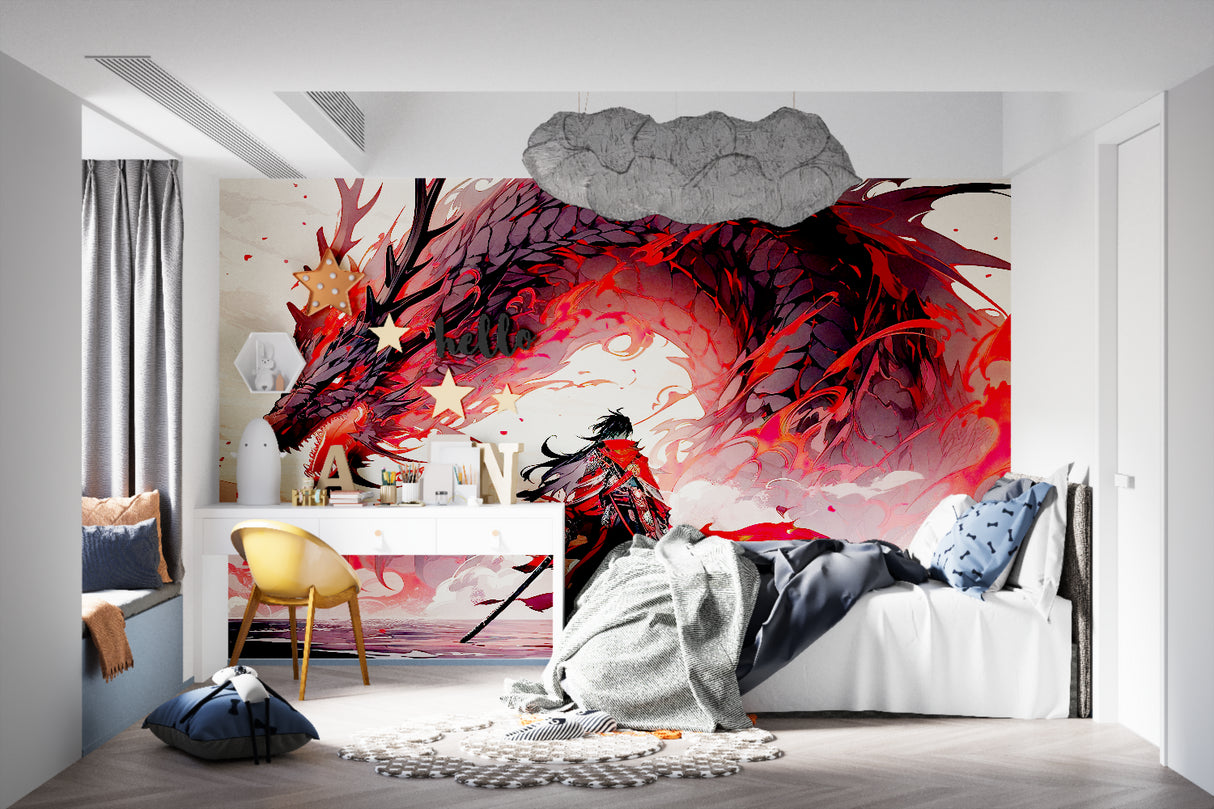 Dragon Anime Wallpaper displayed in entertainment room with gaming setup