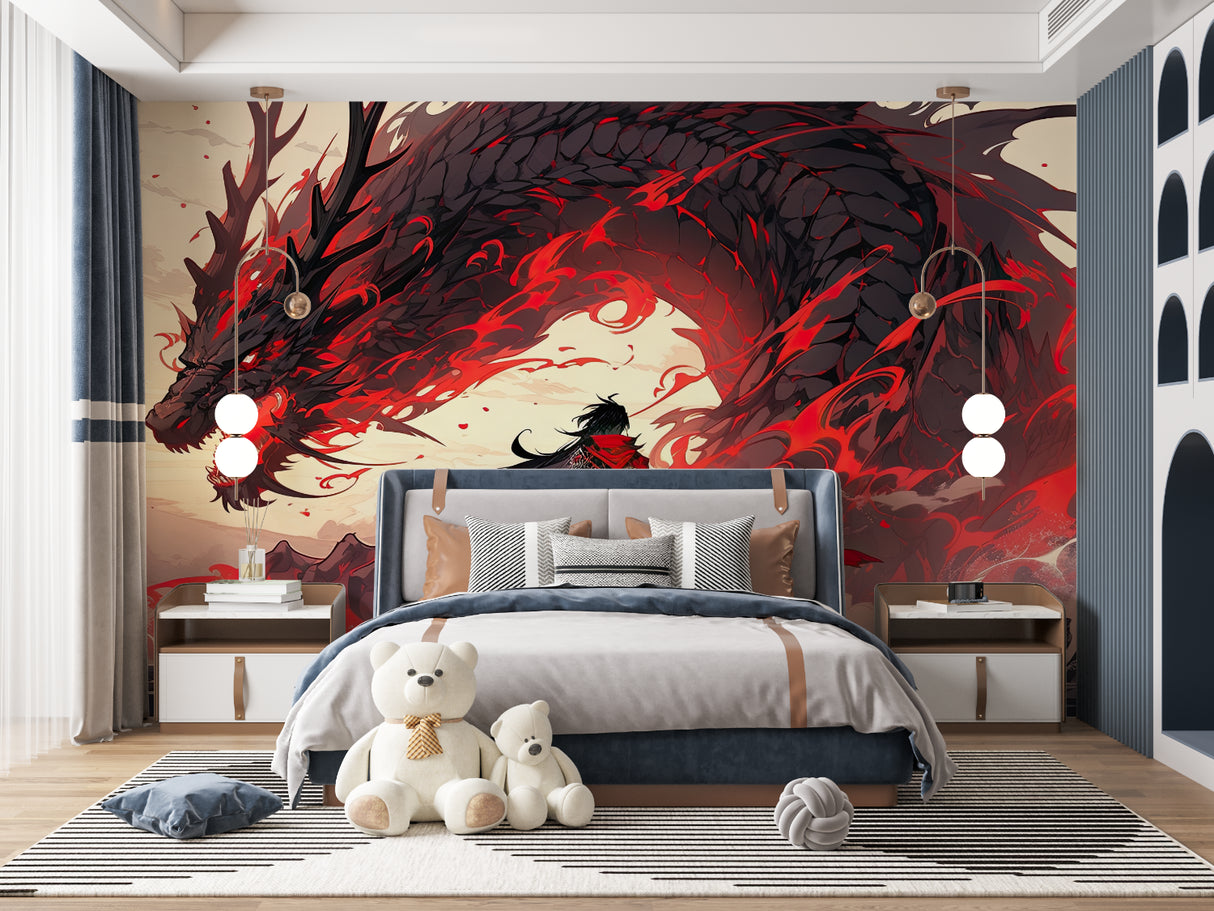 Fantasy Dragon Mural transforming modern home office with striking red accents