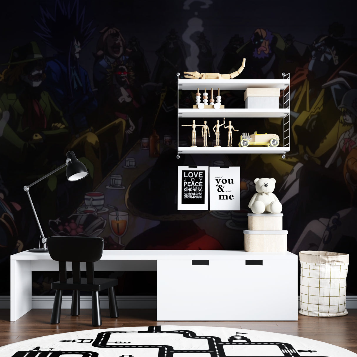 Dark fantasy anime mural displayed in entertainment room with moody lighting