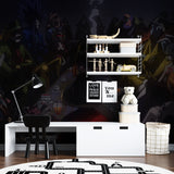 Dark fantasy anime mural displayed in entertainment room with moody lighting