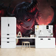Dark fantasy anime wallpaper mural showcased in modern gaming room with dramatic red and black tones