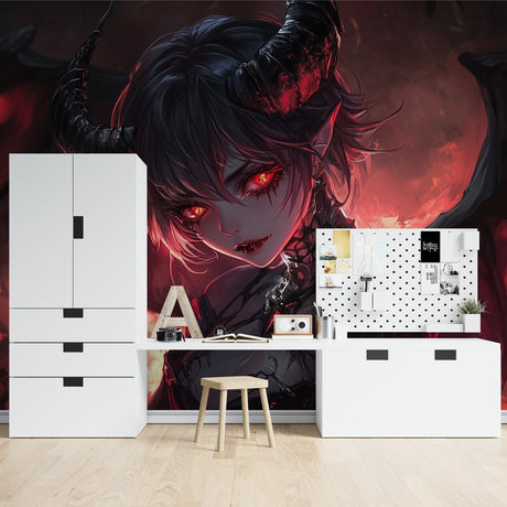 Dark fantasy anime wallpaper mural showcased in modern gaming room with dramatic red and black tones