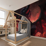 Anime wall mural creating bold statement in teen bedroom with atmospheric lighting