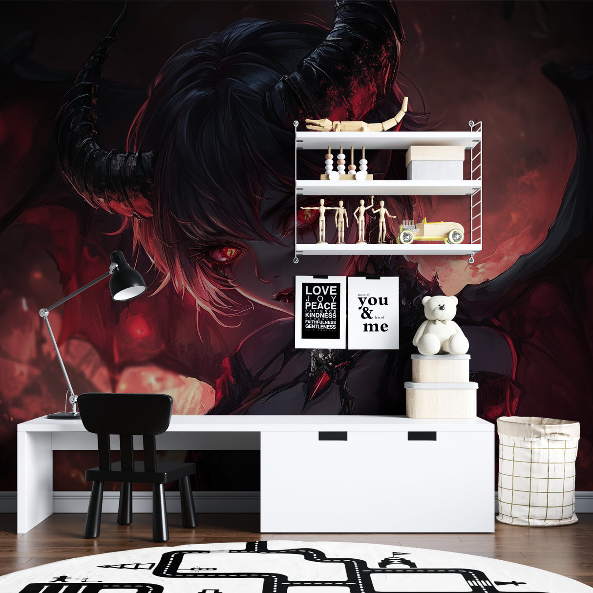 Dark fantasy anime mural bringing character to modern home office space