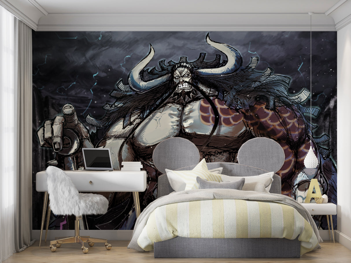 Anime Warrior Wallpaper displayed in modern gaming room with LED lighting setup