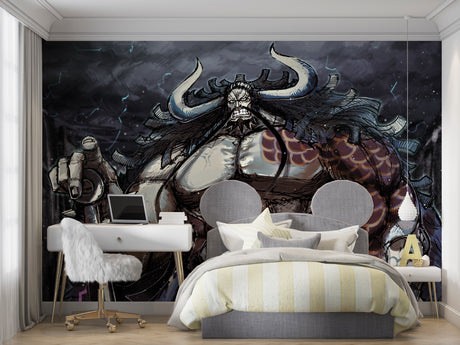 Anime Warrior Wallpaper displayed in modern gaming room with LED lighting setup