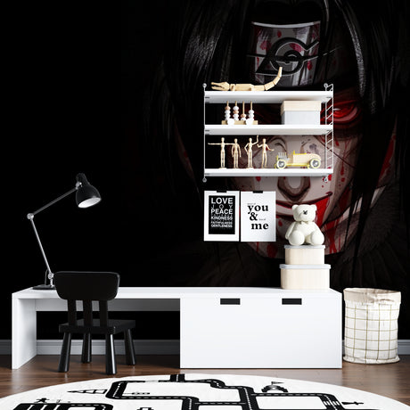 Dramatic Anime Ninja Wallpaper creating atmosphere in modern gaming room with LED lighting