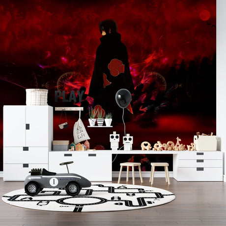 Anime wallpaper mural in modern gaming room showing dramatic red silhouettes creating perfect gaming atmosphere