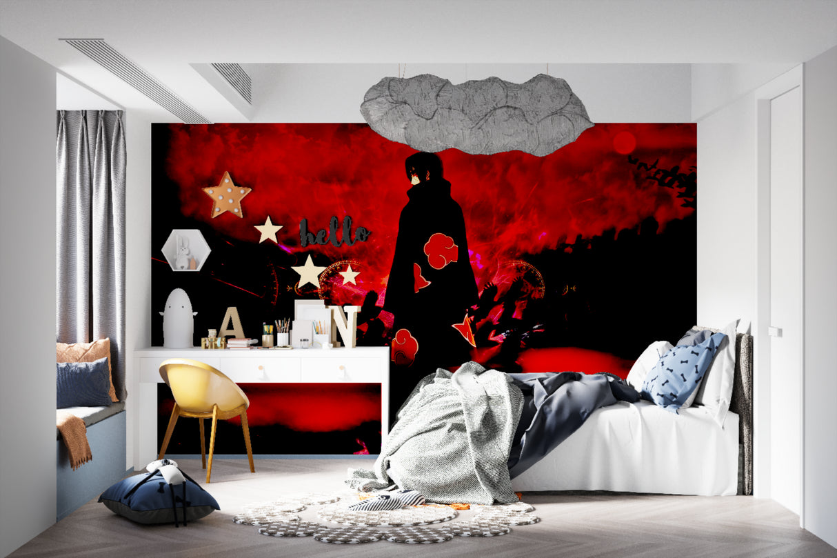 Dark red anime wall mural in teen bedroom with dynamic manga-inspired design