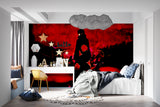 Dark red anime wall mural in teen bedroom with dynamic manga-inspired design
