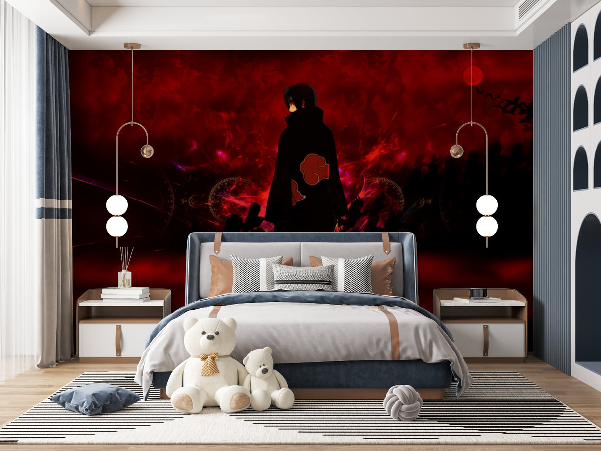 Japanese anime wallpaper featuring red theme in stylish living room setting