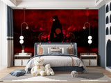 Japanese anime wallpaper featuring red theme in stylish living room setting