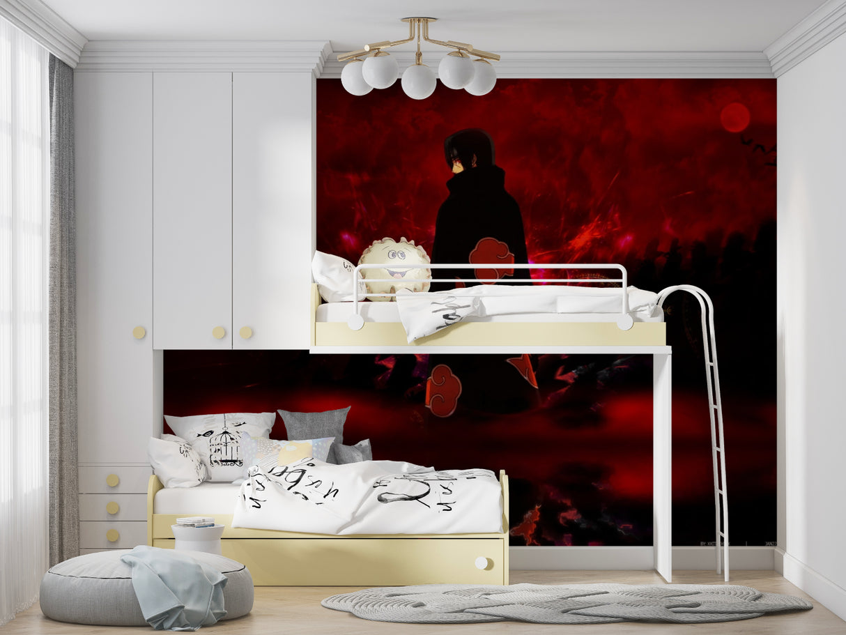 Anime-themed wall mural showcasing red silhouettes in modern home office